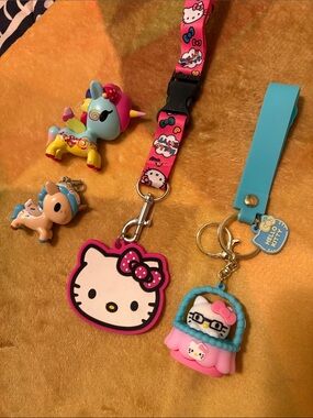 Hello Kitty Lanyard, Tokidoki Unicorno Kinoko and  Donutella Dolce, HK keychain